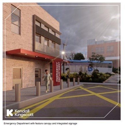 Artist's impression of the Emergency Department upgrade with feature canopy and integrated signage