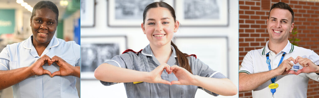 Torbay and South Devon NHS Charity banner image featuring three colleagues making the heart symbol shape with their hands